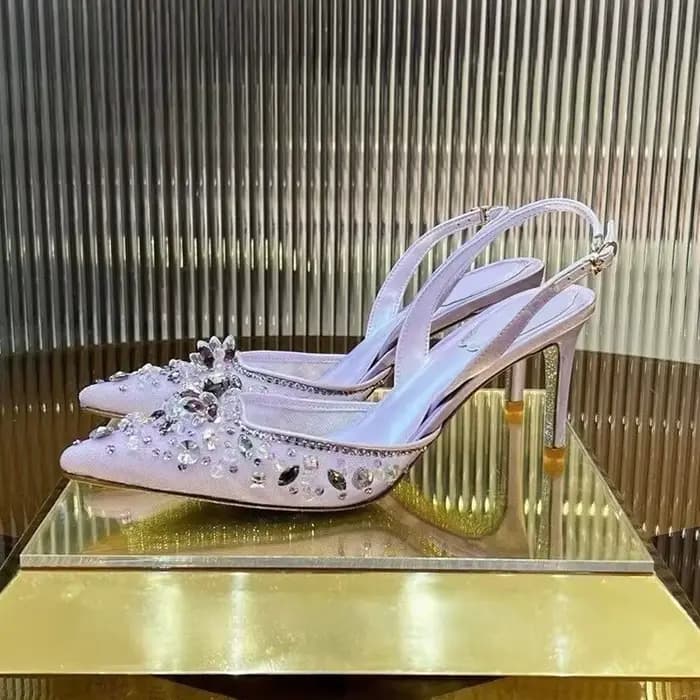 Bout pointu talons fins sandales femmes maille cristal papillon fleur sangle arrière Sandalias été mode fête Banquet