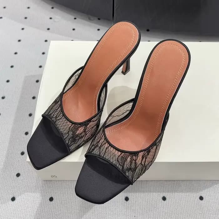 2025 nouveaux talons hauts pantoufles femmes maille dentelle carré Peep orteil