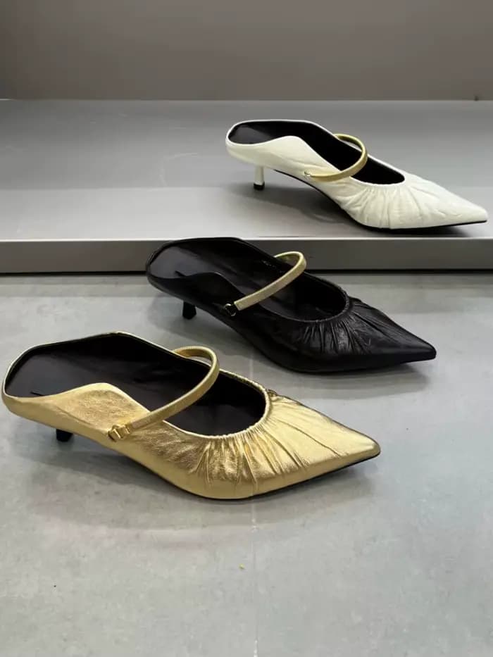 Mules à talon chaton en cuir froncé à bout pointu pour femme, avec bride métallique dorée vintage, élégantes, classiques, pour le bureau