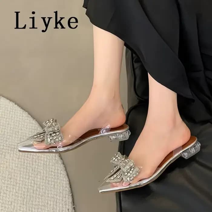 Liyke Design de mode cristal nœud papillon femmes pompes Sexy bout pointu Mules bas talons carrés Slingback chaussures PVC sandales transparentes
