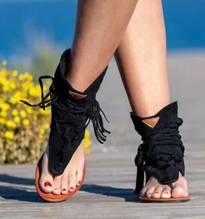 Rétro gland sandales pour femme été Boho chaussures plates dames à lacets