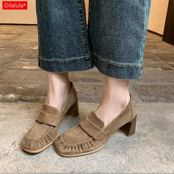 Dilalula 2026 mocassins à talons hauts en daim de vache naturel pour femmes chaussures à enfiler plissées pour femme