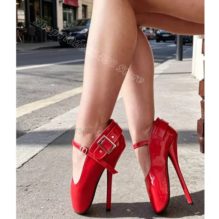 Escarpins de danse sexy rouges en cuir verni à talons aiguilles fins avec boucle à la cheville, nouveauté pour femme