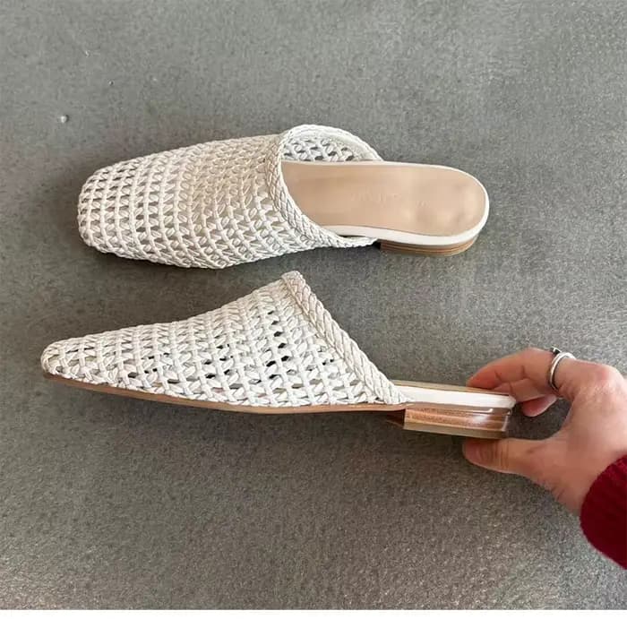 Femme chaussures femmes Mules bout carré évider deux couches peau de vache