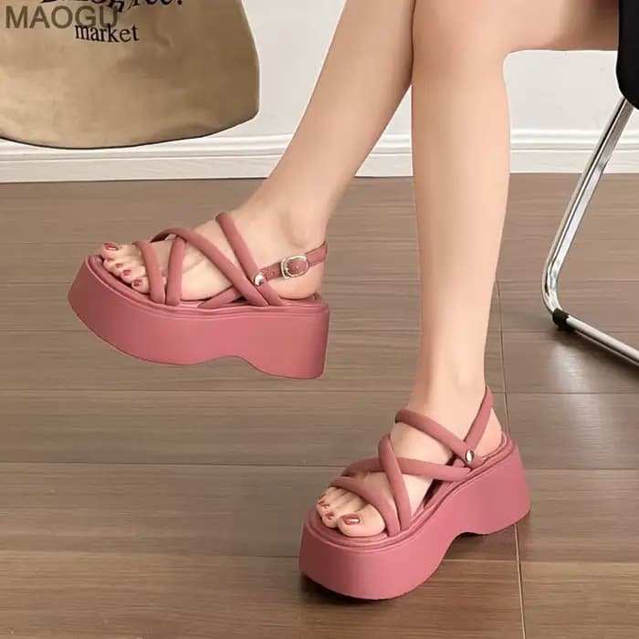 Sandales compensées noires femmes plate-forme chaussures ceinture noire talons hauts gladiateur talon épais été