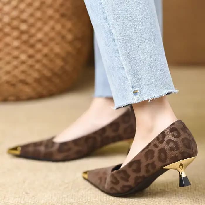 Escarpins à talon chaton, nouvelle collection automne, à bout pointu métallique, décolletés, imprimé léopard, antidérapants et résistants à l'usure