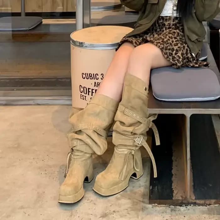 Bottes hautes à talon épais kaki pour femme