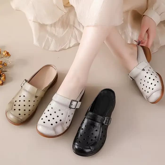 Nouvelles sandales à talons bas en cuir de vache femmes évider mules chaussures femme boucle sangle pantoufle