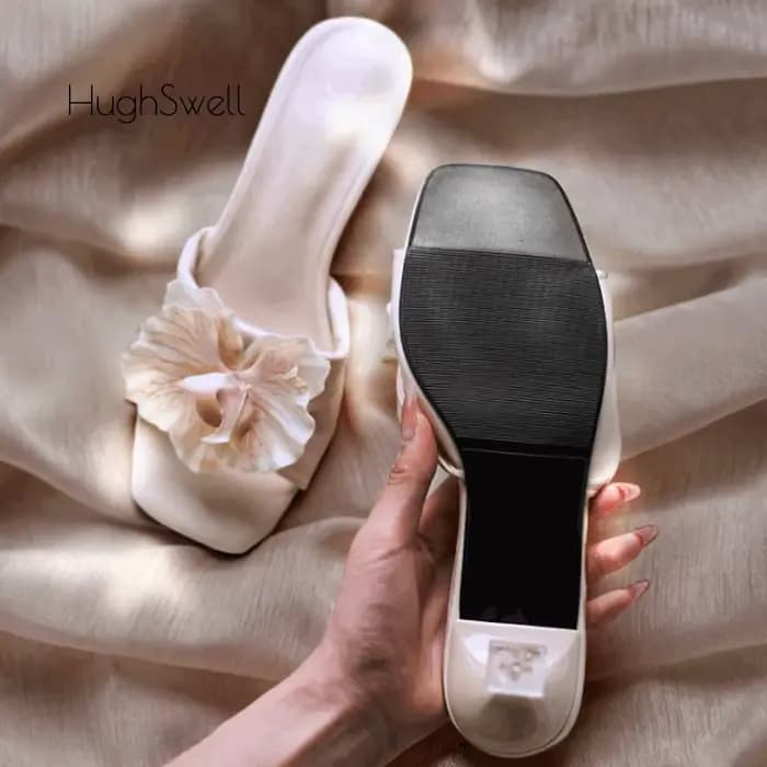 Élégant couleur nue papillon orchidée fleur Stiletto Mule glisser femme marque Design bout carré doux chaton talon pompe florale chaussure