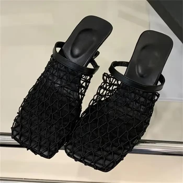 Eilyken Design respirant maille Mule pantoufles femme pompes élégant bout carré étrange talons bas fête dames chaussures coulissantes
