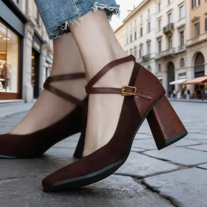 Chaussures à talons hauts, chaussures à plateforme tendance avec bride à la cheville, chaussures de soirée en daim marron à talon carré pour femmes 524