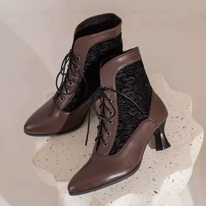 Femmes victorien bottines en cuir dentelle talon chaussures