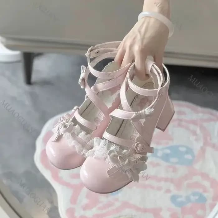 Lolita rouge talons hauts escarpins mignons chaussures printemps automne dentelle talons hauts épais chaussures simples en cuir verni Mary Jane chaussures pour femmes