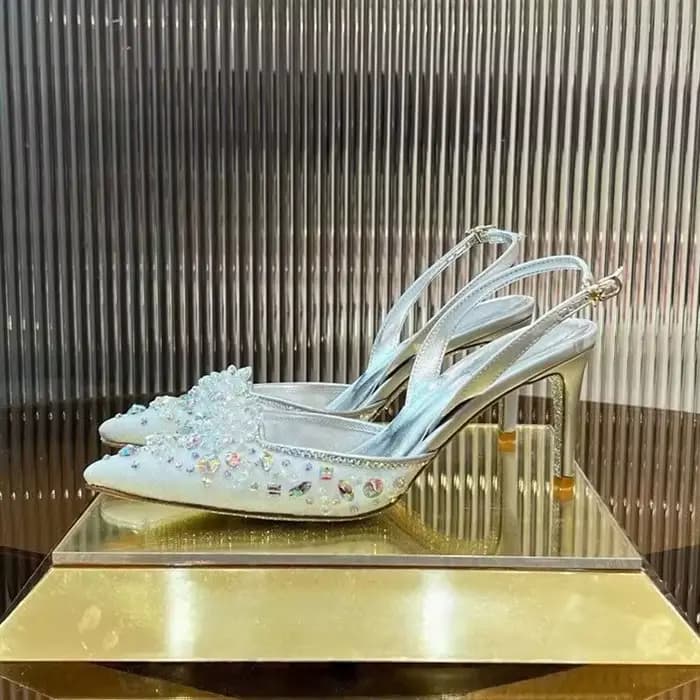 Bout pointu talons fins sandales femmes maille cristal papillon fleur sangle arrière Sandalias été mode fête Banquet