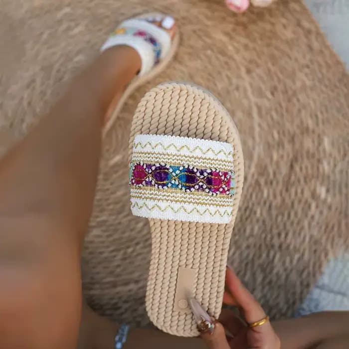 Sandales plates d'extérieur pour femmes, style bohème ethnique, grandes tailles, tendance 2026, avec pompons, pour la plage, Zapatos De Mujer