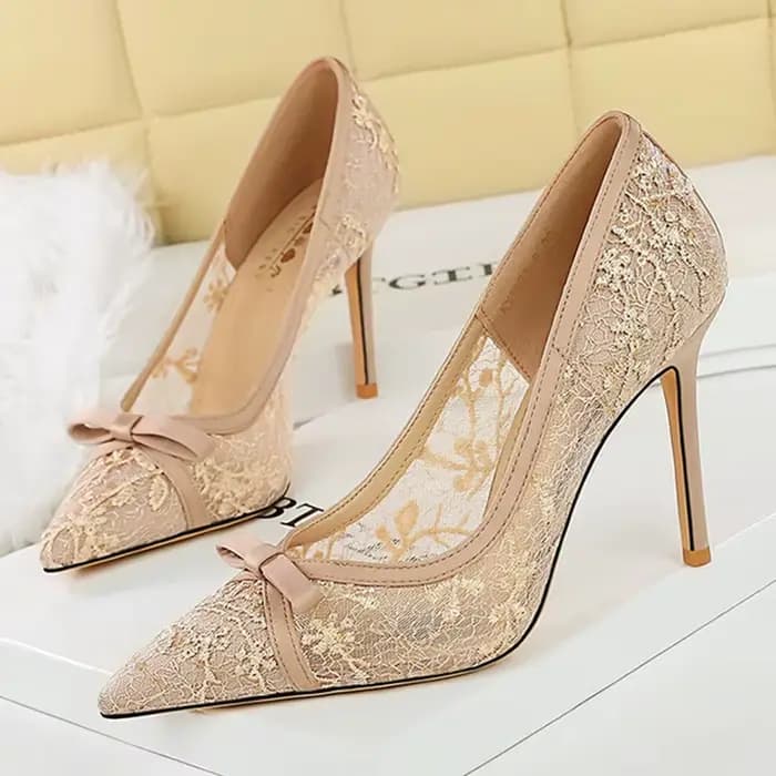 Nouvelles Escarpins Chic pour Femme en Dentelle Champagne à Talons Hauts de 9