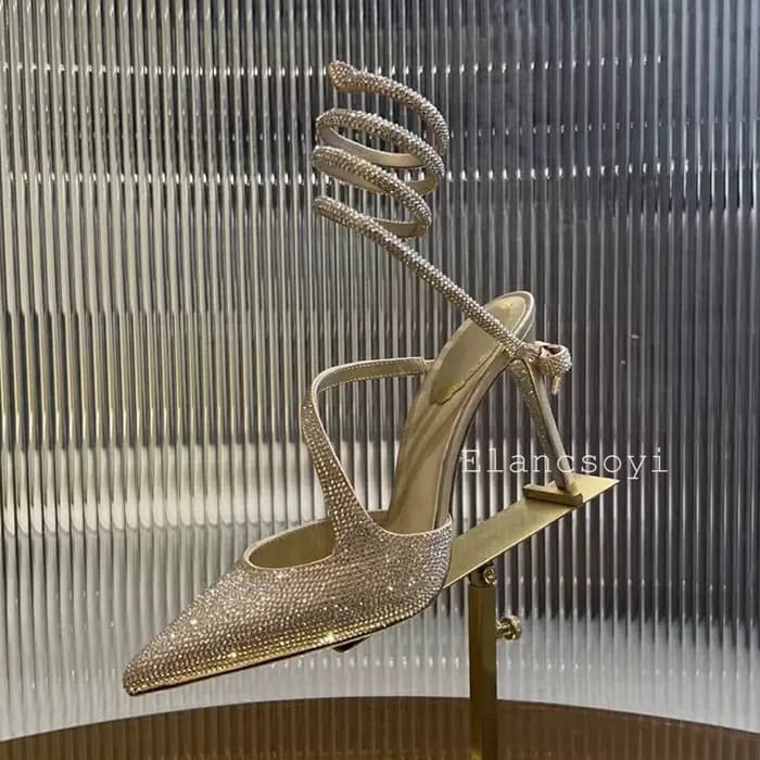 Bout pointu talons hauts femmes brillant cristal décor cheville serpent en forme enroulement chaussures de fête