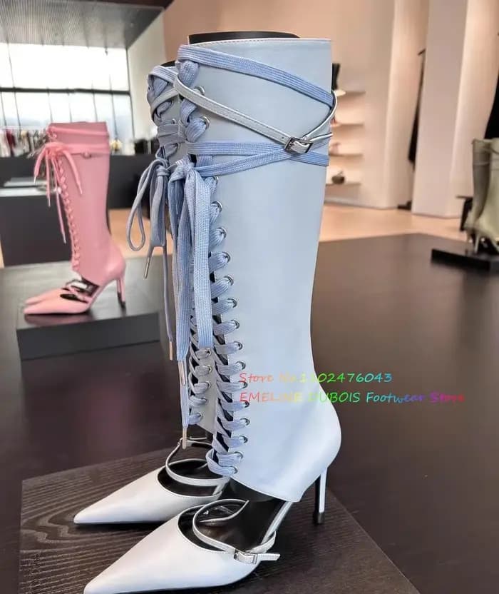 Blanc bout pointu à lacets genou botte haute femmes été nouveau Sexy creux boucle sangle talon aiguille avant croix attaché sandales