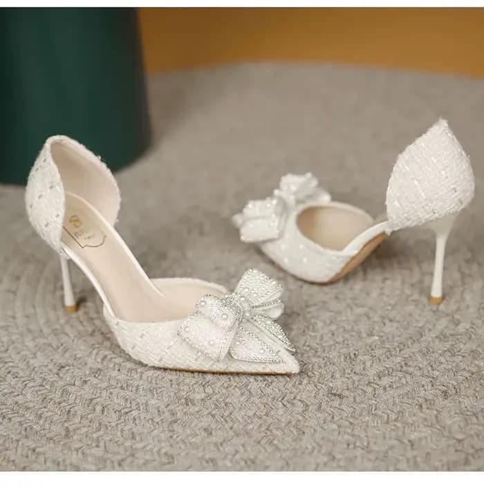 Escarpins à nœud papillon en perles blanches pour femmes