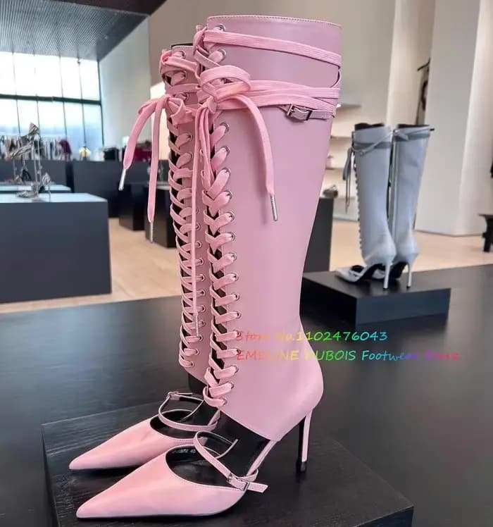 Blanc bout pointu à lacets genou botte haute femmes été nouveau Sexy creux boucle sangle talon aiguille avant croix attaché sandales