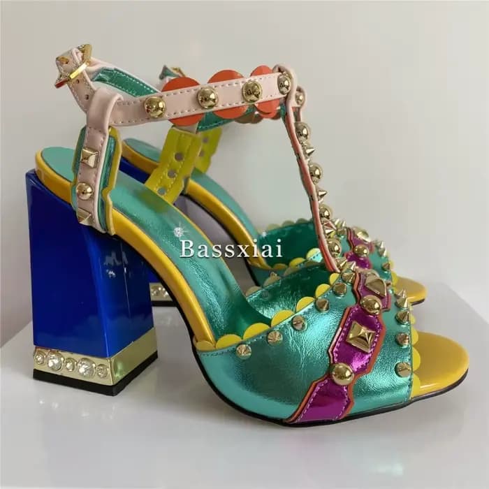 Sandales de Luxe à Rivets et Lanières en T pour Femme, Chaussures à Talon Carré en Clip, en Cuir group, pour Documents Mixtes, de ix, d'Été