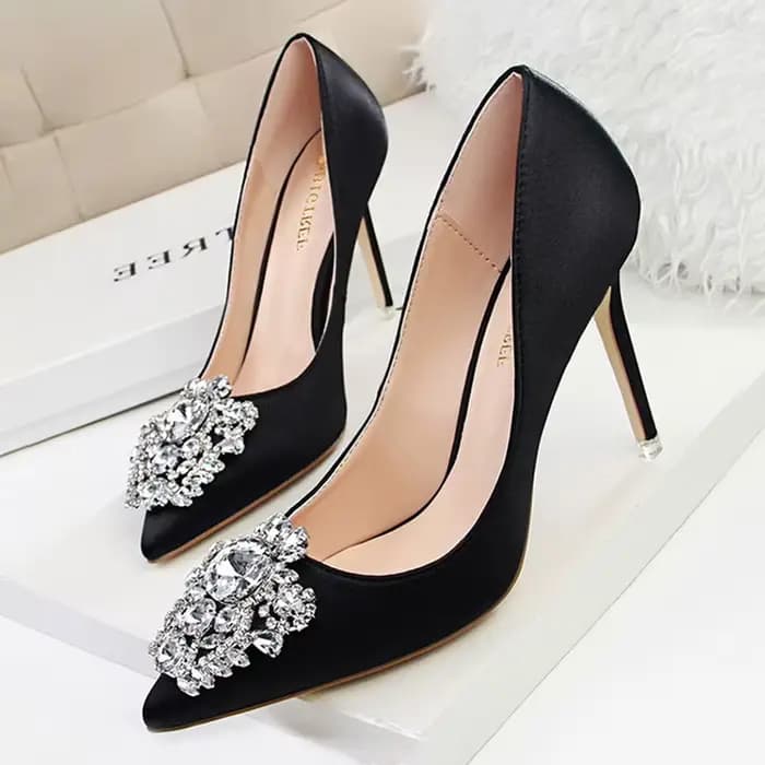 CINESSD argent gris noir femmes chaussures de mariée fausse soie Satin strass cristal peu profond femme pompes talon aiguille haut