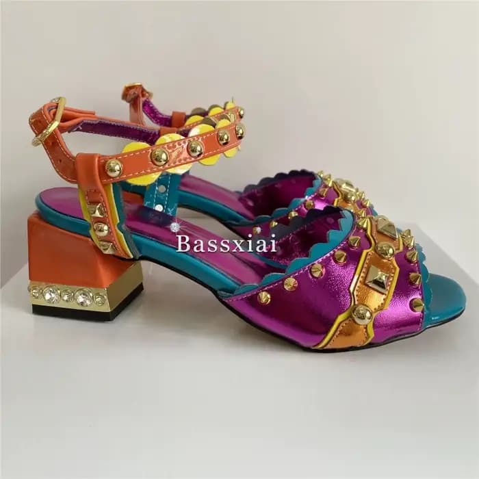 Sandales de Luxe à Rivets et Lanières en T pour Femme, Chaussures à Talon Carré en Clip, en Cuir group, pour Documents Mixtes, de ix, d'Été