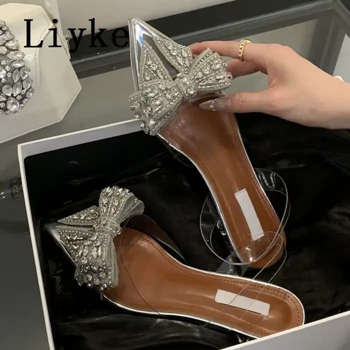 Liyke Design de mode cristal nœud papillon femmes pompes Sexy bout pointu Mules bas talons carrés Slingback chaussures PVC sandales transparentes