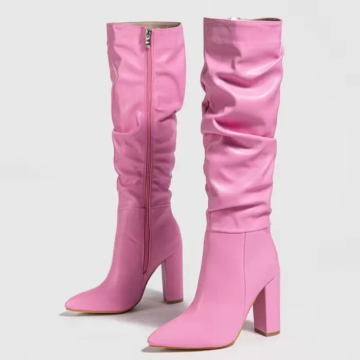 Bout pointu talon épais femmes bottes plissé côté fermeture éclair