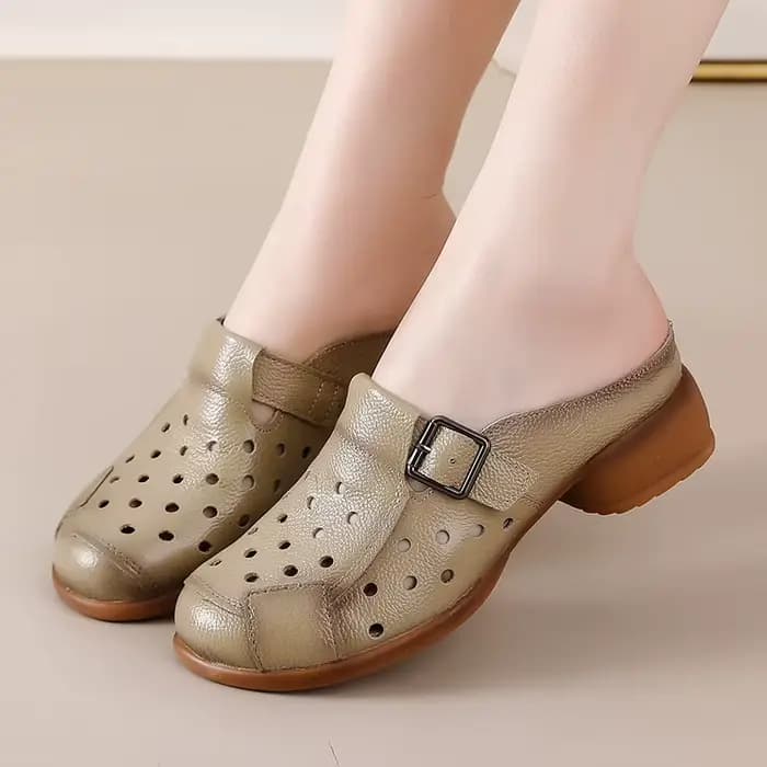 Nouvelles sandales à talons bas en cuir de vache femmes évider mules chaussures femme boucle sangle pantoufle