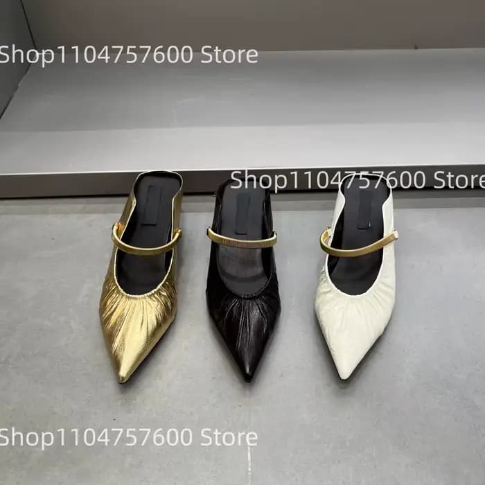 Mules à talon chaton en cuir froncé à bout pointu pour femme, avec bride métallique dorée vintage, élégantes, classiques, pour le bureau