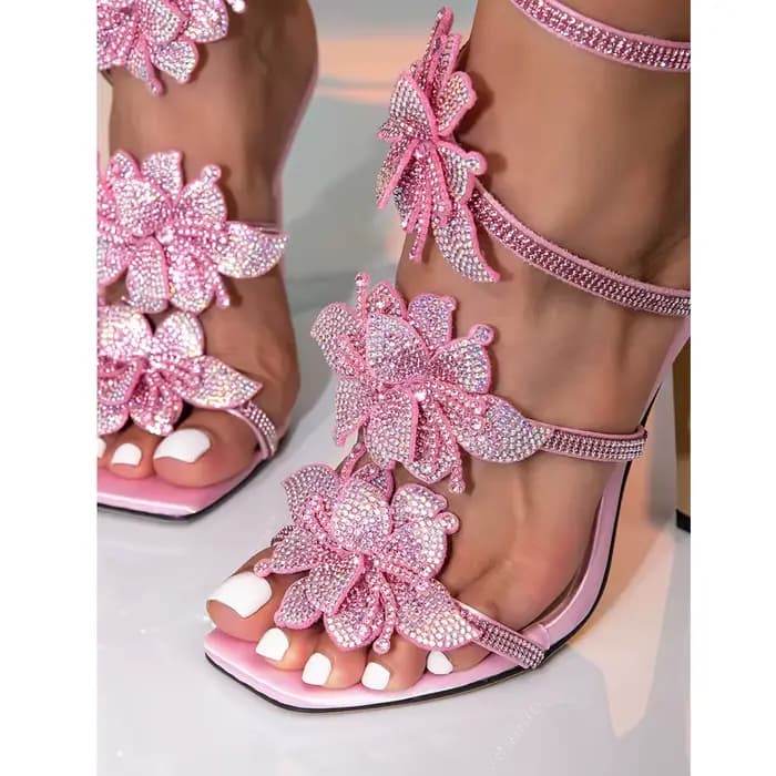 Eilyken nouveau Design cristal fleur bride à la cheville femmes sandales Sexy mince talons hauts bout ouvert décapant fête dames chaussures
