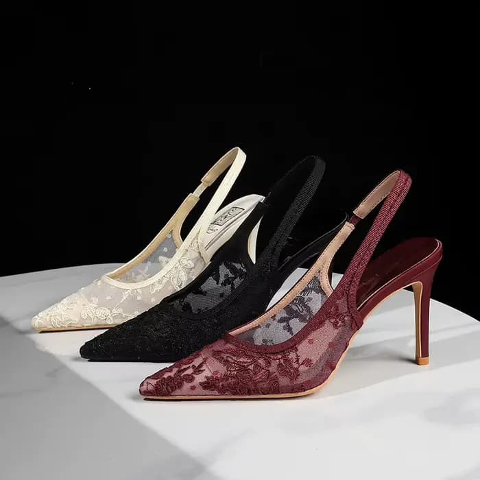 Escarpins élégants à talon fin et bout pointu en dentelle ajourée avec boucle pour femme – Chaussures polyvalentes pour soirée