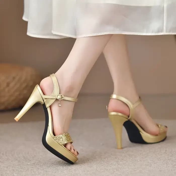Sandales à Talons Hauts à Paillettes Dorées et Argentées pour Femme
