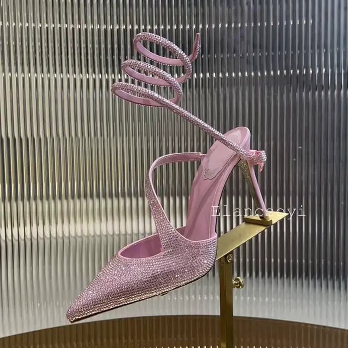 Bout pointu talons hauts femmes brillant cristal décor cheville serpent en forme enroulement chaussures de fête