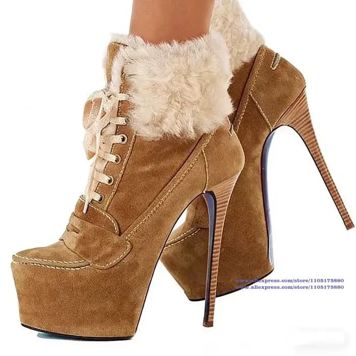 Bottines à talons aiguilles en daim marron pour femmes, chaussures à plateforme et bout rond, chaussures de défilé de fête, bottes de luxe de styliste