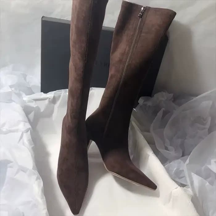 Bottes fines en daim à bout pointu avec fermeture éclair latérale, antidérapantes, résistantes à l'usure, chaussures longues à talons aiguilles, nouvelle collection automne