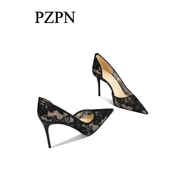 Chaussures à talons hauts noires en dentelle à ouverture latérale pour femmes