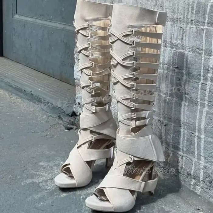 Bottes hautes en daim avec sangle croisée pour femmes