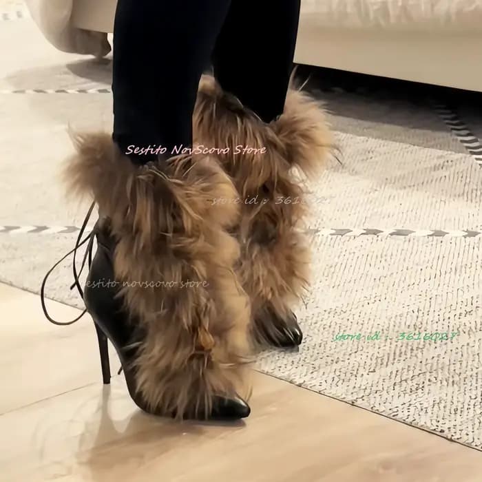 Bout pointu fourrure mi-mollet bottes talons aiguilles brides à la cheville mode chaussures chaudes en hiver solide en