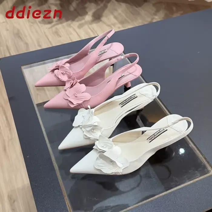 Chaussures à talons pour femmes, escarpins à bout pointu, talons fins et bas, élégantes, pour mariage, mules, talons hauts, rose, tendance, sexy, à fleurs