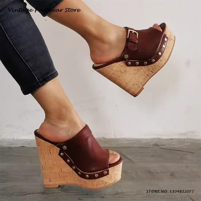 Pantoufles à plateforme compensée avec boucle de ceinture et bout rond, chaussures décontractées augmentant la hauteur, Mules à enfiler pour femmes, printemps et été