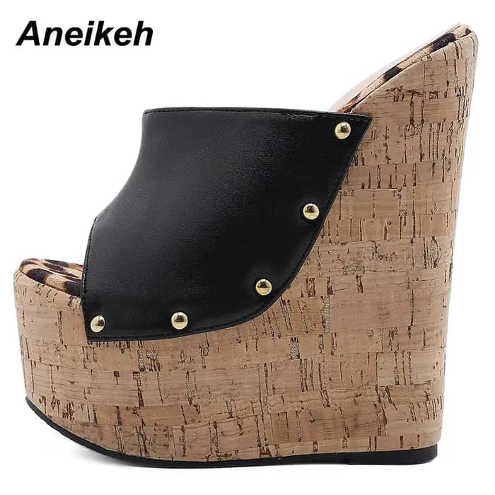 Aneikeh 2025 mode d'été sandales à bout ouvert plate-forme talons Super hauts sandales à rivets en métal à enfiler Rome fête femmes Mules noir