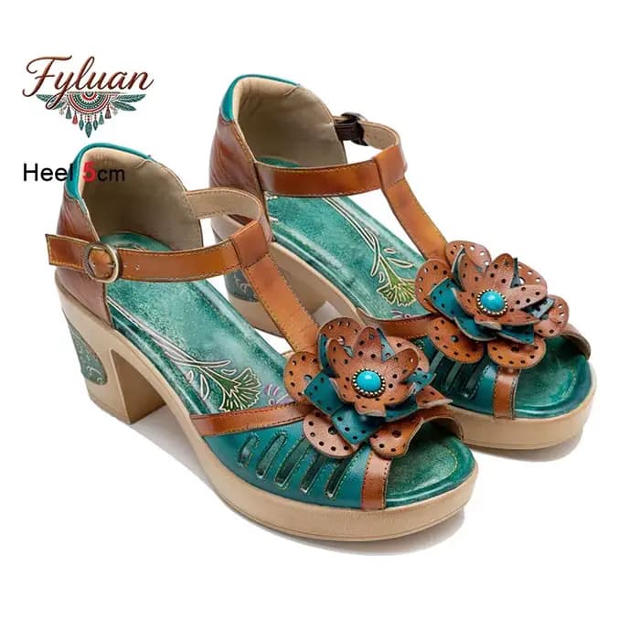 Nouvelles sandales pour femmes à talon épais de 5 cm, style bohème, vintage, décontractées, faites à la main, chaussures de plage tendance pour les vacances, à porter avec une robe