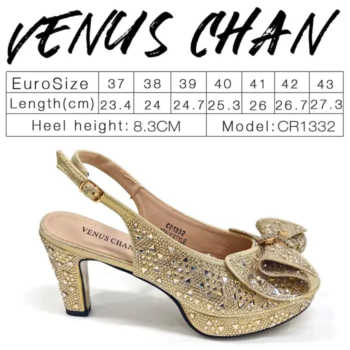 Venus Chan 2026 – Escarpins italiens dorés pour femme avec détails en strass et sac assorti – Design élégant à bout pointu