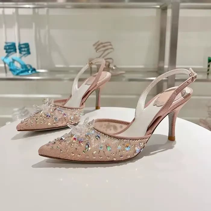 Bout pointu talons fins sandales femmes maille cristal papillon fleur sangle arrière Sandalias été mode fête Banquet
