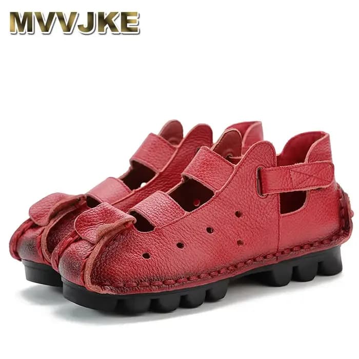 Sandales d'été en cuir pour femmes, chaussures à fond souple, personnalité plate, sandales rétro décontractées faites à la main