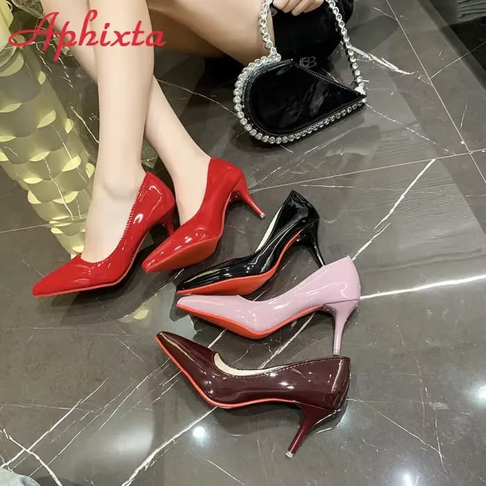 Aphixta 2.76 pouces Taro talons aiguilles pompes femmes classique solide en cuir verni bout pointu chaussures de fête grande taille 52 53