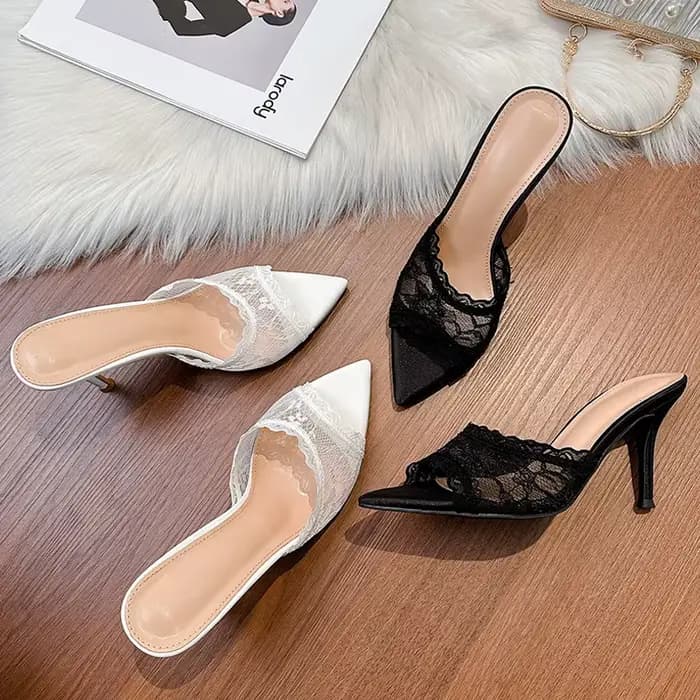 Eilyken nouvel été dentelle respirant bout pointu femmes pantoufles élégant mince talons hauts robe de soirée glisser femme chaussures