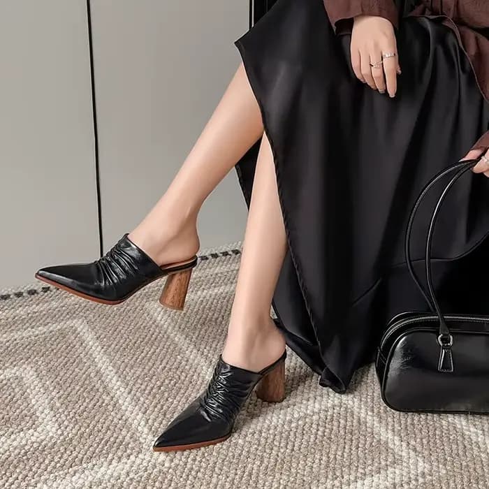 Dilalula 2025 Mules à talons hauts en cuir véritable pour femmes pantoufles plissées à bout couvert dames